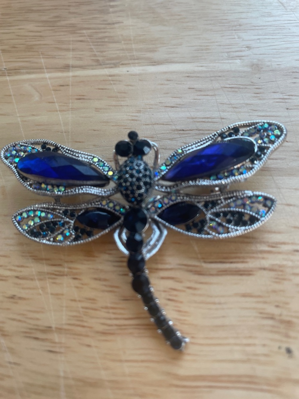 Dragonfly Brooch with Deep Blue Gem Wings and Rhinestones 2” L 2.5 W